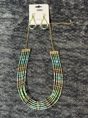 Boho Seed Bead Bib Necklace Earrings Set Gold Tone Statement Festival NWT